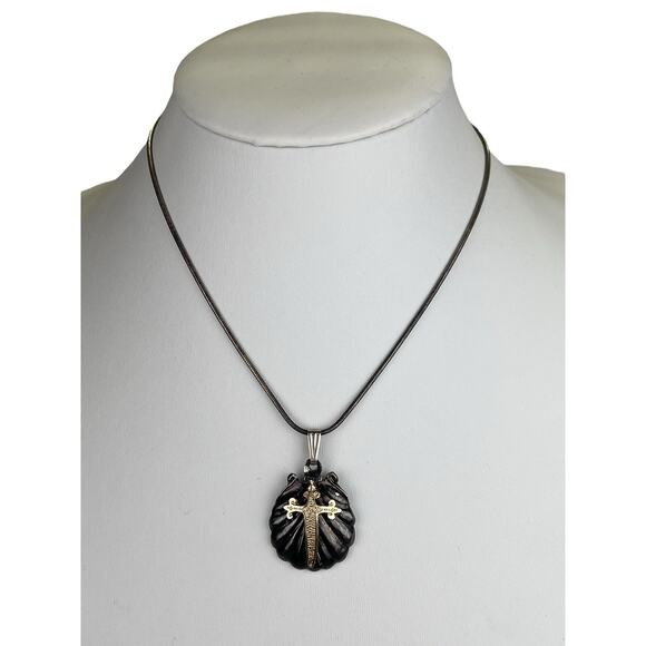 Sterling Silver Necklace Vintage Snake Chain 15.5" Shell & Cross Pendant - Picture 1 of 11